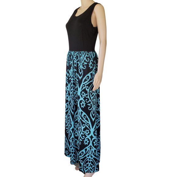 Boho T Shirt Maxi Dress Women's M Teal Black Stretch Knit Pockets Sleeveless - Picture 1 of 12